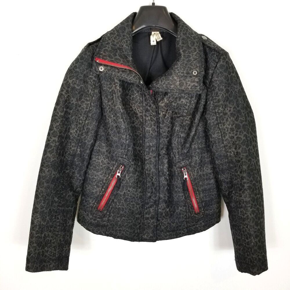 We The Free/ Free People Women Moto Jacket Sz 4 Black Brown Animal Print Boho